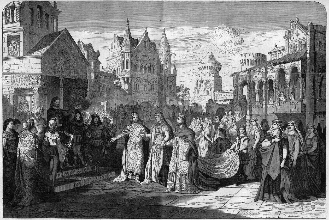 Representation av den romantiska operan "" Lohengrin"" av Richard Wagner (1813-1883), akt II sista scen, på Kungliga Teatern i München, Tyskland. Gravyr i "The Illustrous Universe" av Unknown artist