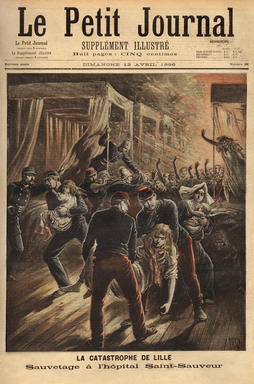 Räddning vid Saint Saviour-sjukhuset i Lille eller en brand härjade de tre äldsta monumenten i staden, kyrkan, det gamla tornet och sjukhuset. Gravyr i "" Le petit journal"" 1896-04-12. Selvas samling. av Unknown artist
