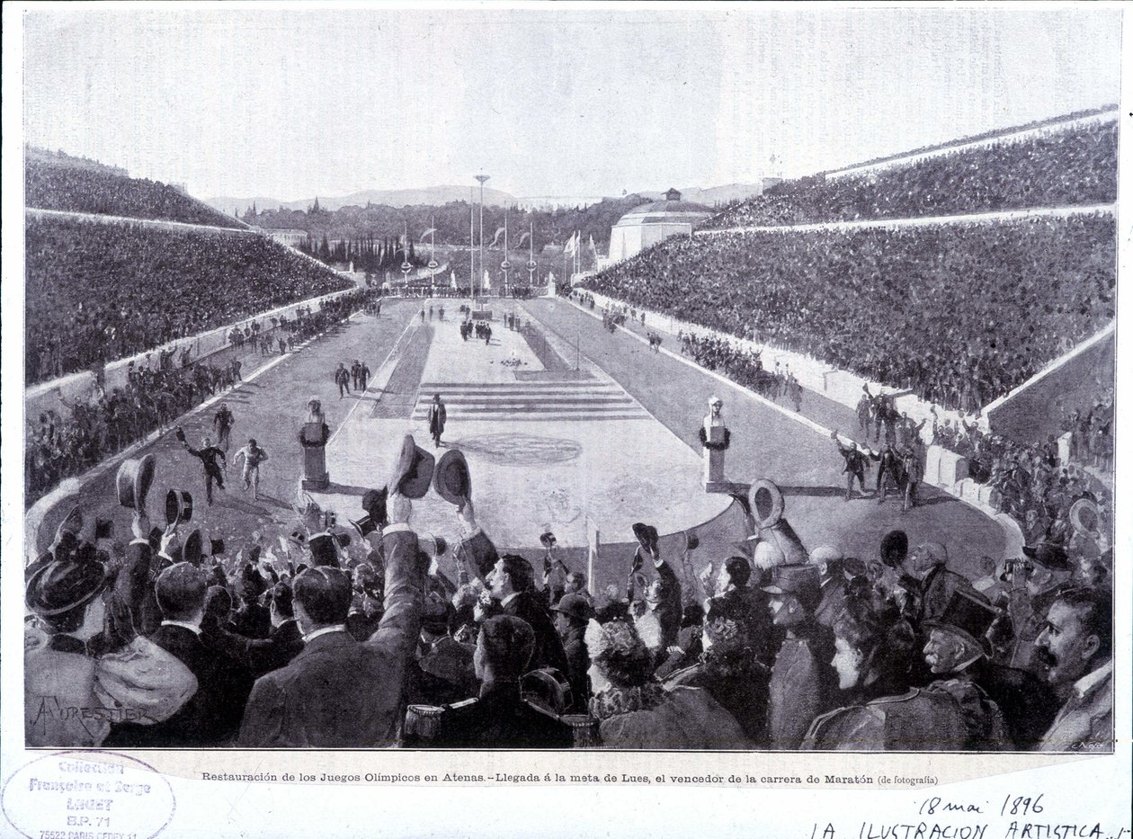 Restaurering av de olympiska spelen i Aten: ankomst av Lues, maratonvinnare av Unknown artist