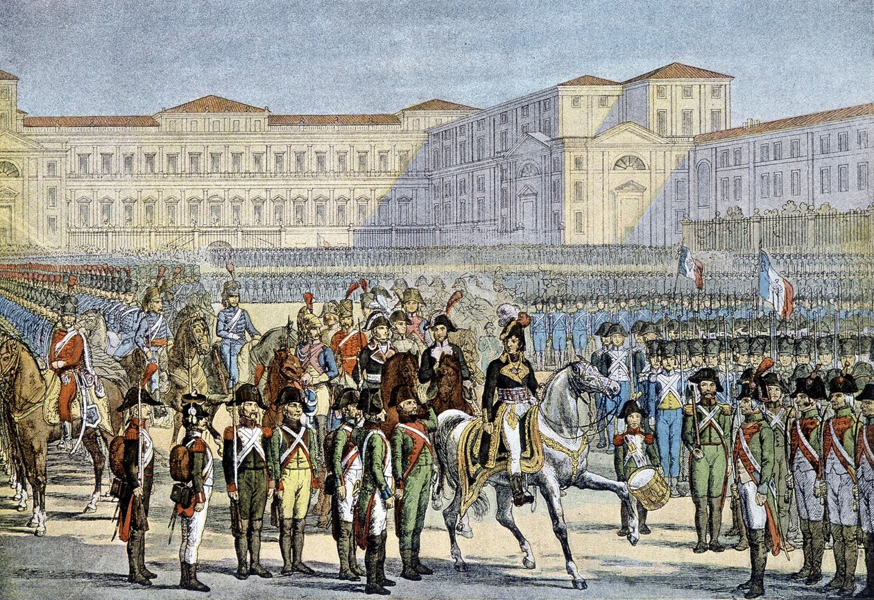 Granskning av den italienska armén passerade i Milano av general Murat (1800) - litografi av Unknown artist