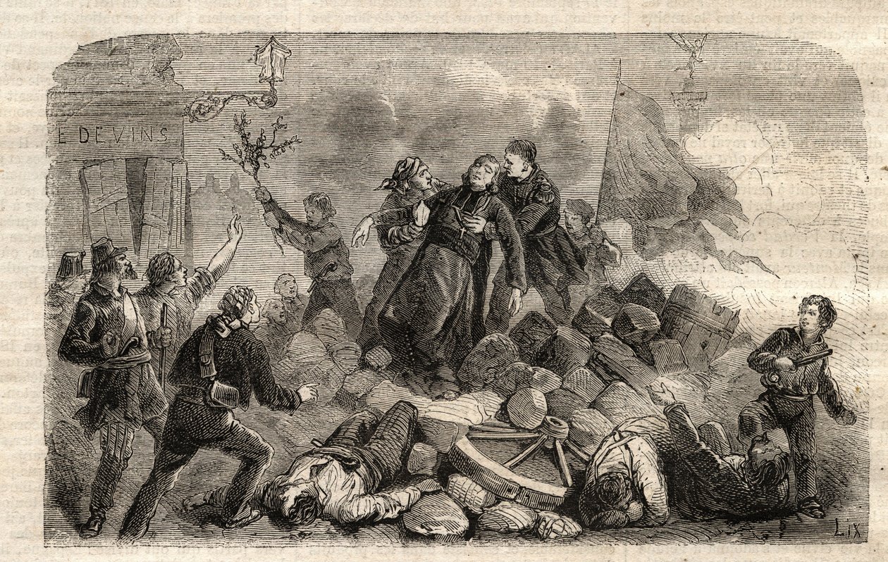 Revolution 1848: "" Archeveque Monsignor Denis Affre (1793-1848) på Barrikaden Faubourg Saint Antoine i Paris 26/06/1848 (Do o mon dieu que mon sang be le dernier vers) (Döden Denis Affre ärkebiskop av Paris av barrikad vid infarten till t av Unknown artist