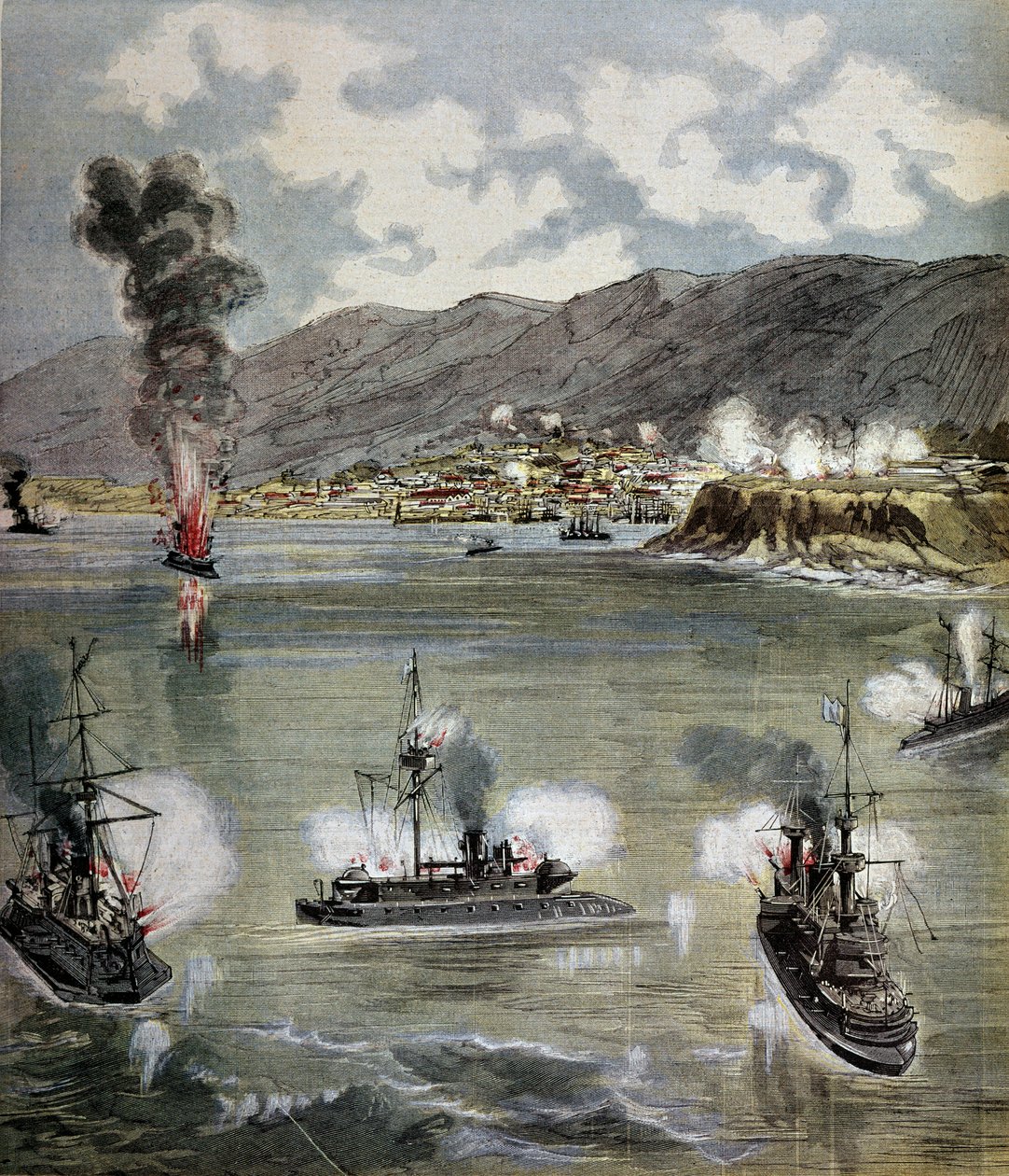 Revolutionen i Chile: attacken mot Valparaiso 1891. Illustration hämtad från "" Supplement illustrerar du Pepetit journal""" 1891. Paris, B.N. av Unknown artist