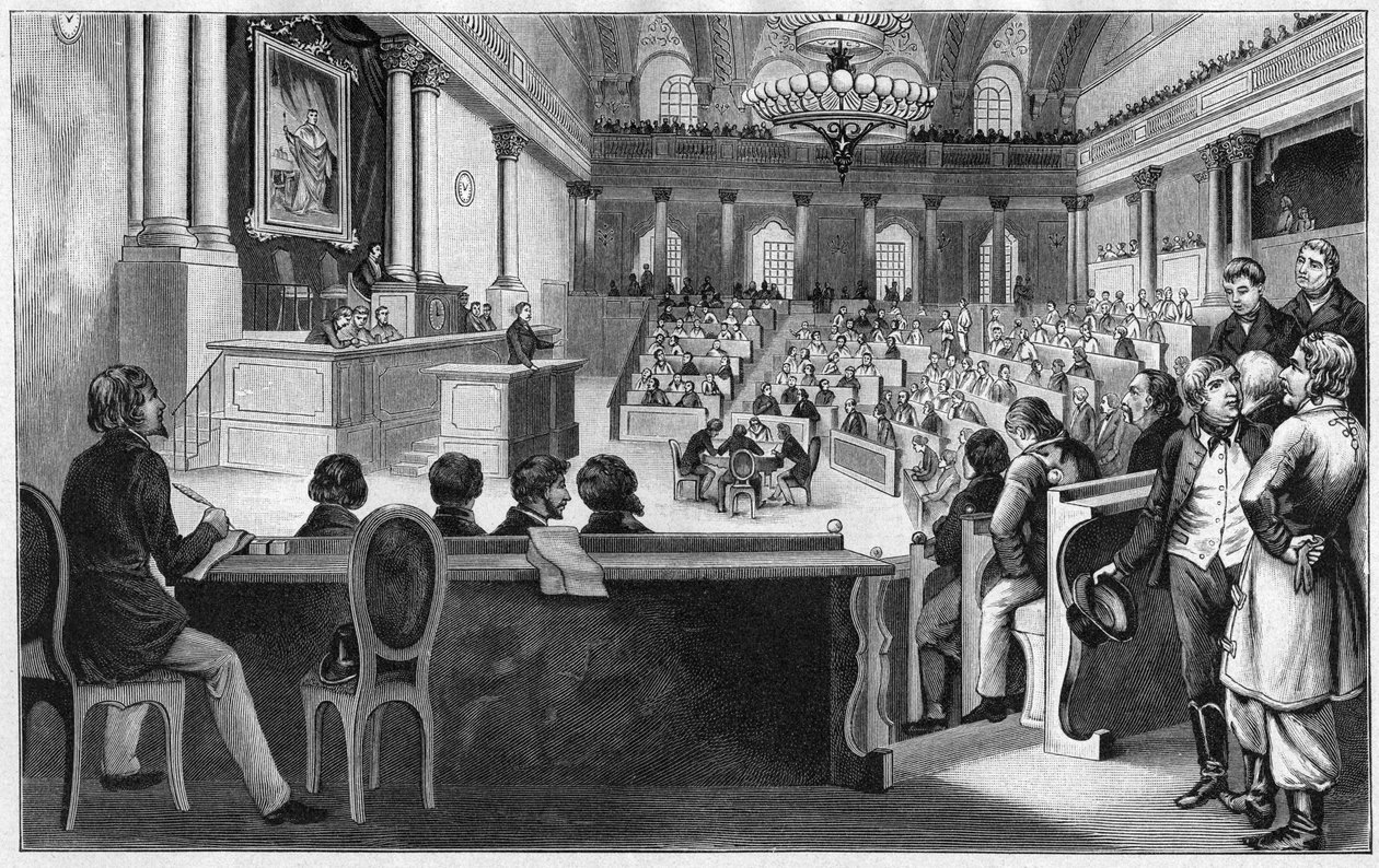 Revolution i Wien 1848 - Mötet för den första österrikiska konstituerande församlingen (Reichs Versammlung), juli 1848, på spanska ridskolan i Wien, Österrike. av Unknown artist