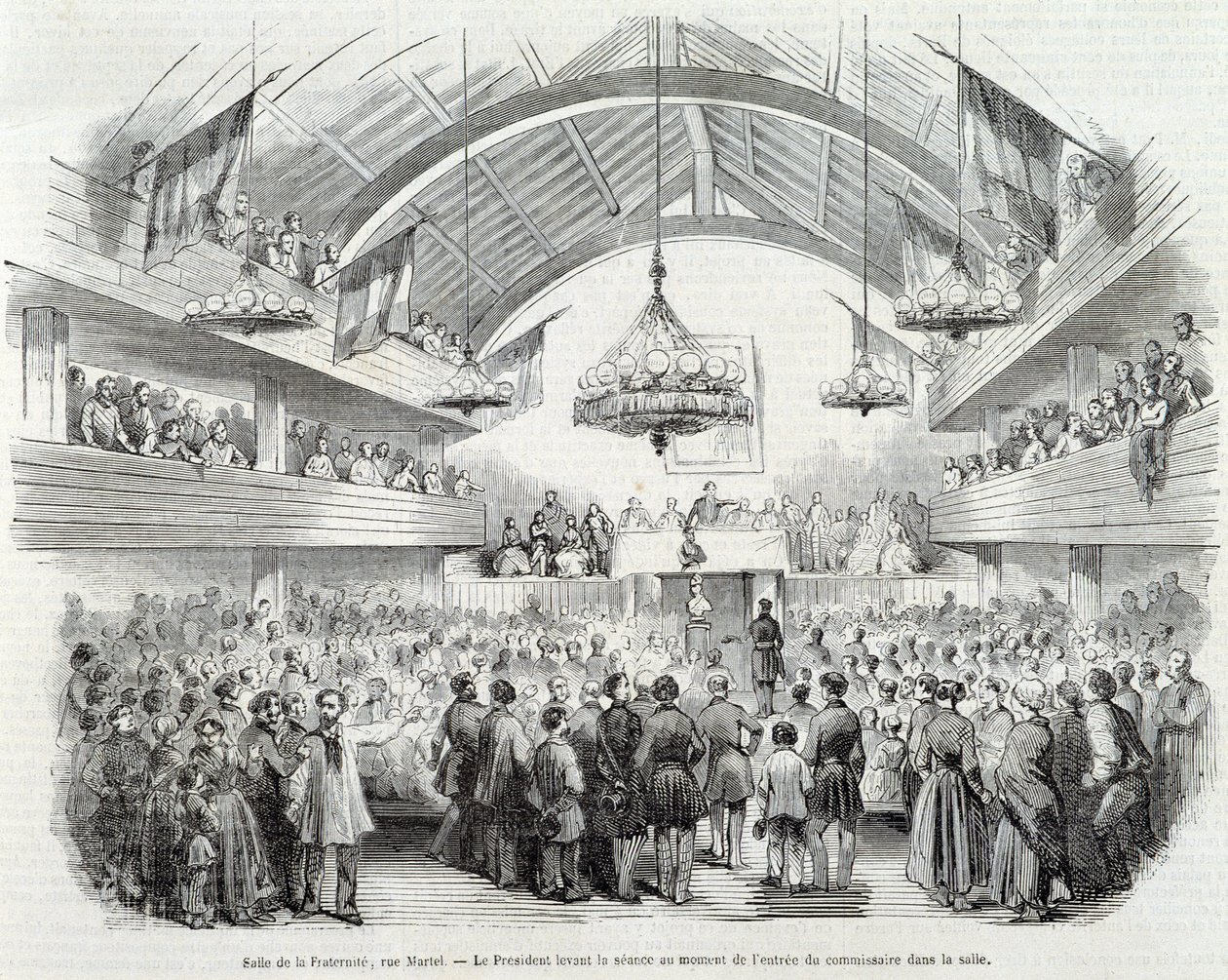 Revolutionen 1848: Brotherhood Hall, Rue Martel, presidenten ajournerade sammanträdet vid ingången till kommissionären i rummet av Unknown artist
