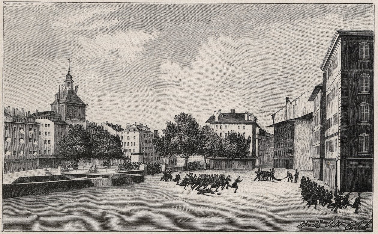 Genèves revolution från 7 till 8 oktober 1846 (fazyst revolution): försvar av St Gervais den 7 oktober 1846 - Utsikt över Place de Bel Air och Ponts-de-l