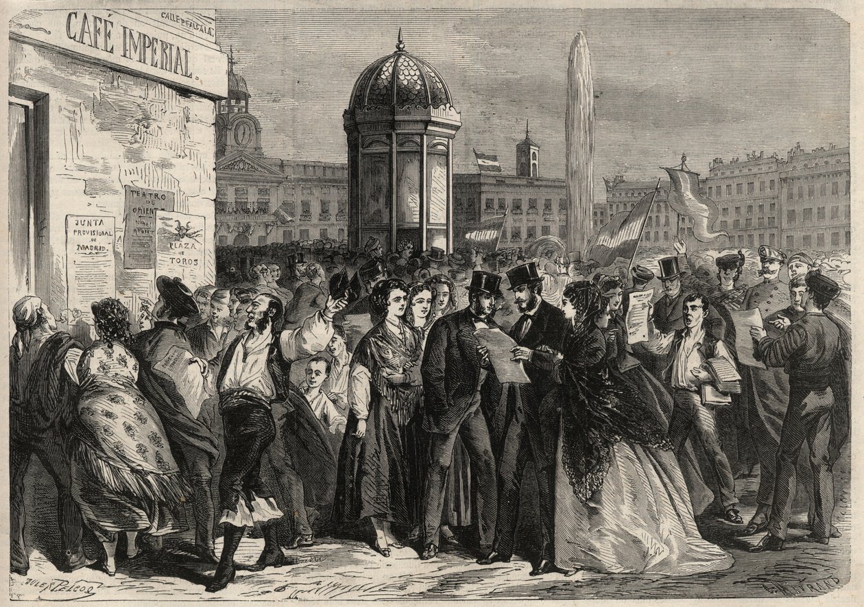 Septemberrevolutionen 1868 i Spanien (Gloriosa): läsning av juntans manifest på gatan i Alcala i Madrid. Gravyr i "" L