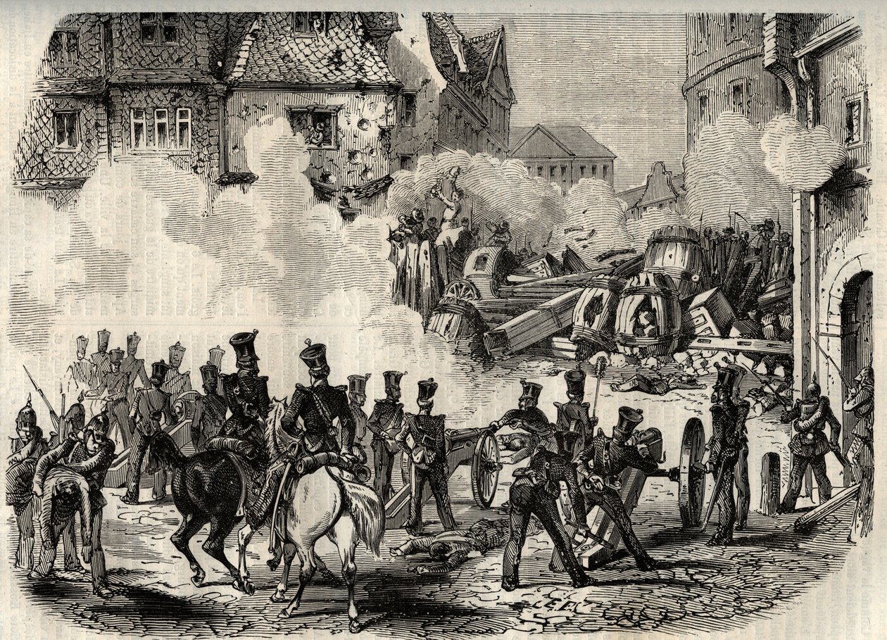 Revolutioner 1848 - 1849, Tyskland, Frankfurt - Trupper stormar en barrikad i Frankfurt, Tyskland, den 18 september av Unknown artist