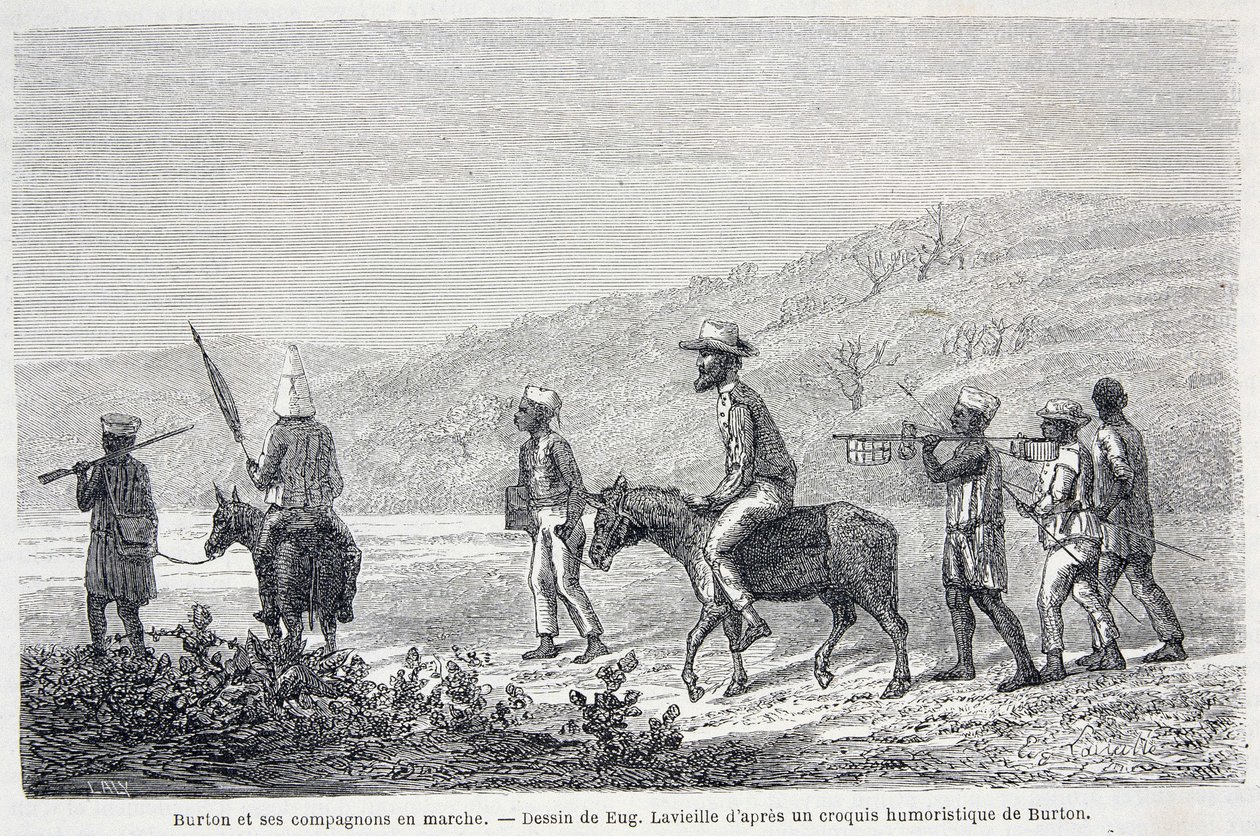 Richard Francis Burton, brittisk upptäcktsresande (1821-1890), och hans följeslagare i Afrika. Ritning som illustrerar artikeln "" Kapten Burtons resa till Afrikas stora sjöar 1857-59" - i "" Tour du Monde"", 2:a terminen. 1860 av Unknown artist