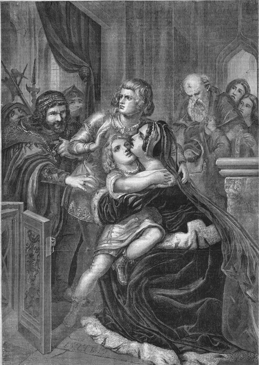Richard III, kung av England, bortförde barnen till sin bror Edward IV (1452-1485) från deras mor. Gravyr från 1860 baserad på Stilkes målning. av Unknown artist