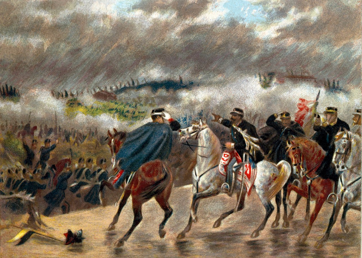 Risorgimento - Italiensk kampanj (1859): Victor Emmanuel II (Vittorio Emanuele II) (Victor-Emmanuel) (1820-1878) under slaget vid San Martino ledde de piemontesiska trupperna mot den österrikiska armén den 24/06/1859. Privat samling av Unknown artist
