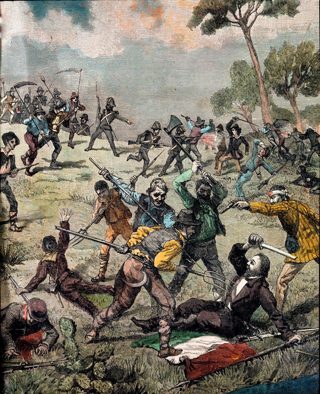 Risorgimento: "" den italienske revolutionären Carlo Pisacane (1818-1857) stormas av bönder i Sapri den 28/06/1857"" Gravyr Privat samling av Unknown artist