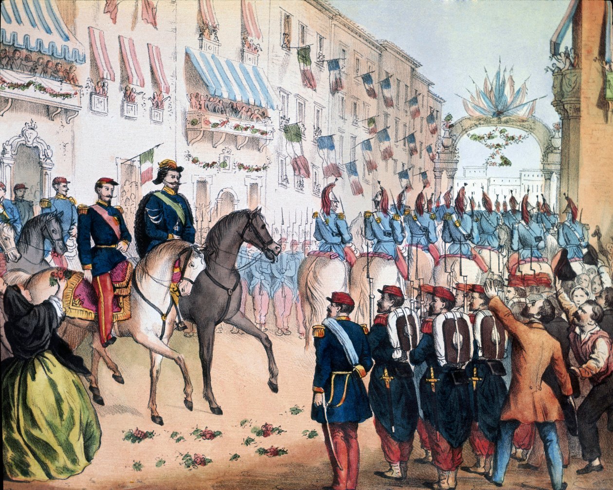 Risorgimento: "" Victor Emmanuels (Victor-Emmanuel eller Vittorio Emanuele) II kung av Italien och Napoleon III, fransk kejsare, inträde i Milano den 08/06/1859. Litografi Nationalmuseet i Risorgimento Rom av Unknown artist