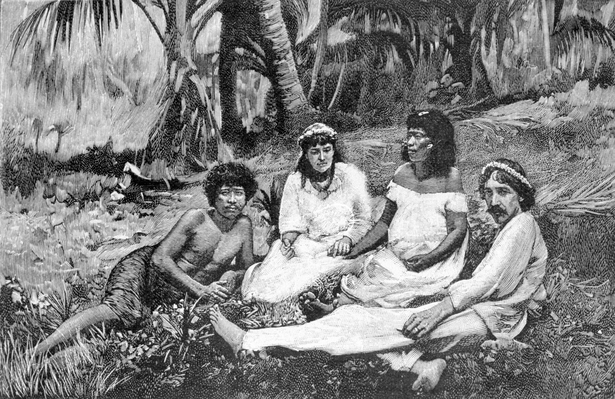 Robert Louis Stevenson (1850 - 1894) med sin fru i Samoa där han lät publicera sin bostad i Vailima. Gravyr omkring 1890-1895. av Unknown artist
