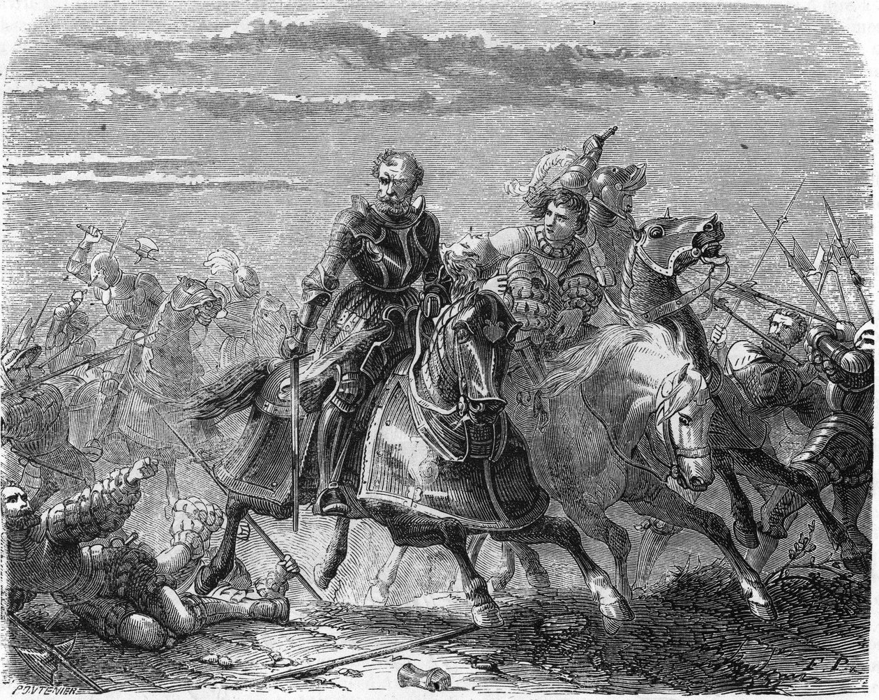 Robert av Marken av Landsknechts, tar bort sin sons kropp från schweizarna. Gravyr av 1800-talet. av Unknown artist