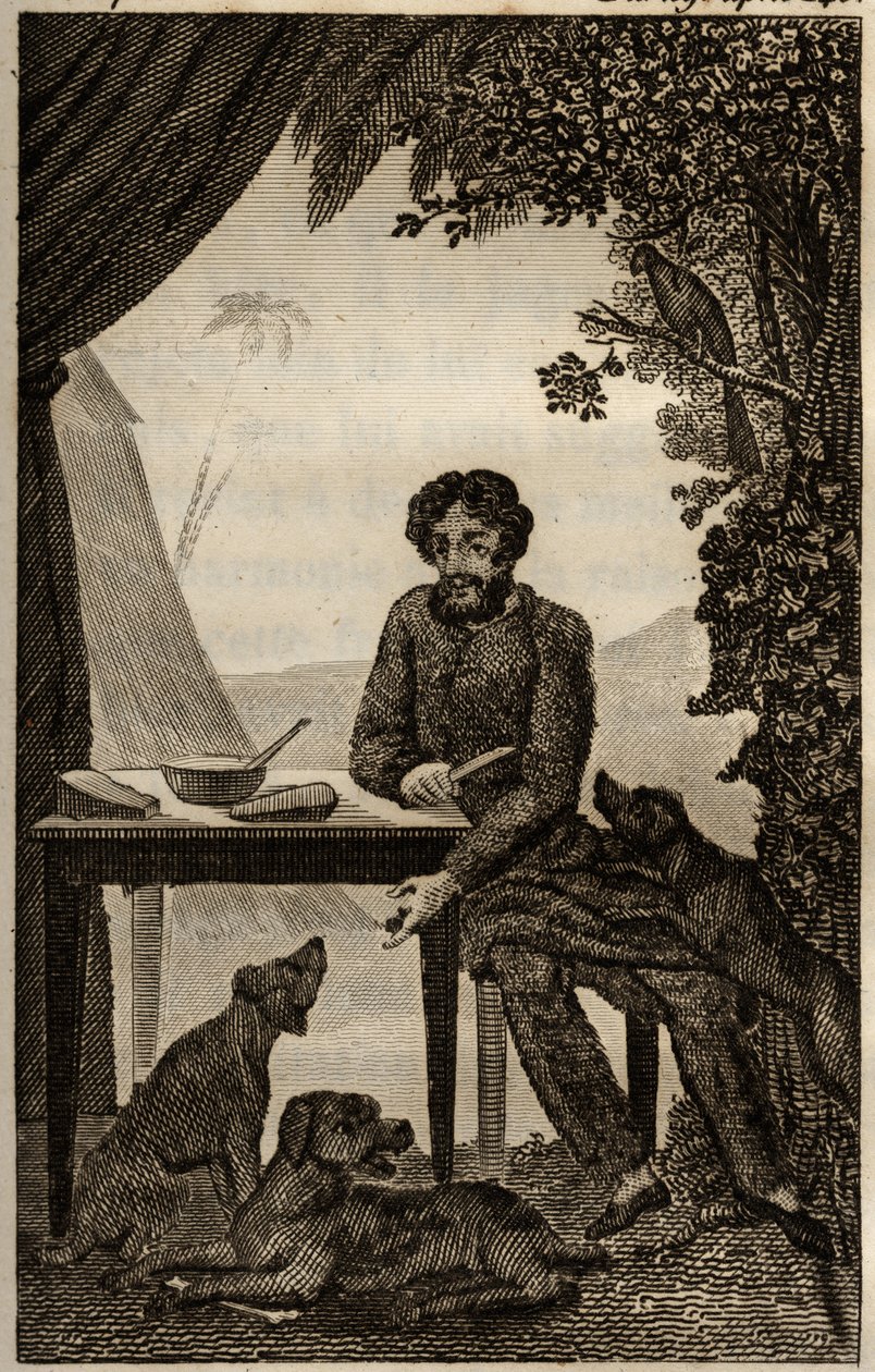 Robinson Crusoes hundar väntar på att han ska kasta några bitar att äta, gravyr insatt i Daniel Defoes "Les aventures de Robinson Crusoe" (1660-1731), edition la librairie d