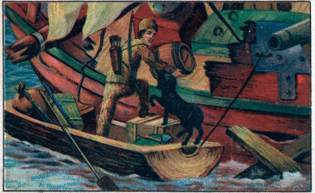 Robinson besöker skräpet. Illustration till boken av Daniel Defoe (De foe) "" Robinson Crusoe"". Kromolitografi från slutet av 1800-talet. av Unknown artist