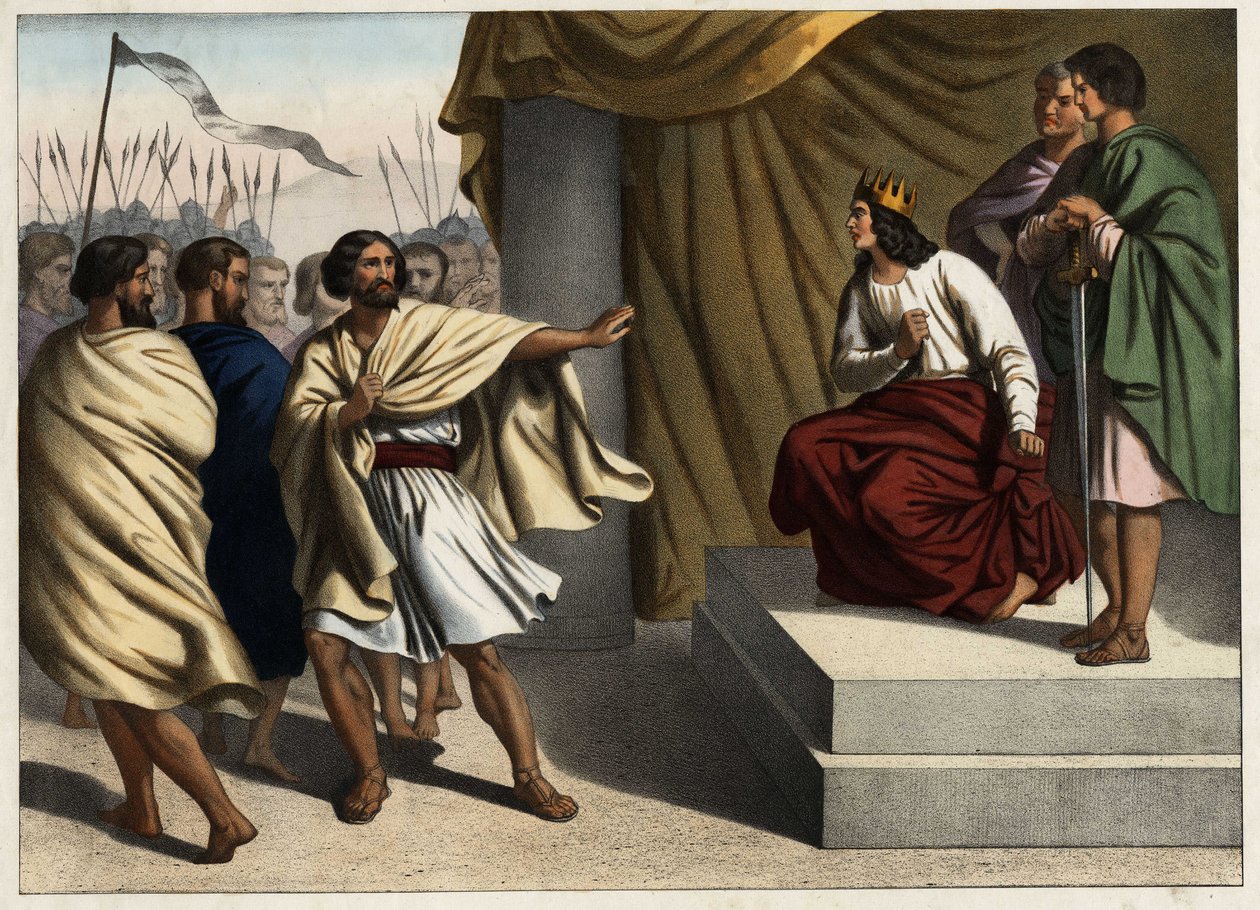 Robeam, den första kungen av Judas, utlöste de tio nordliga stammarnas uppror. Anonym gravyr från mitten av 1800-talet. av Unknown artist