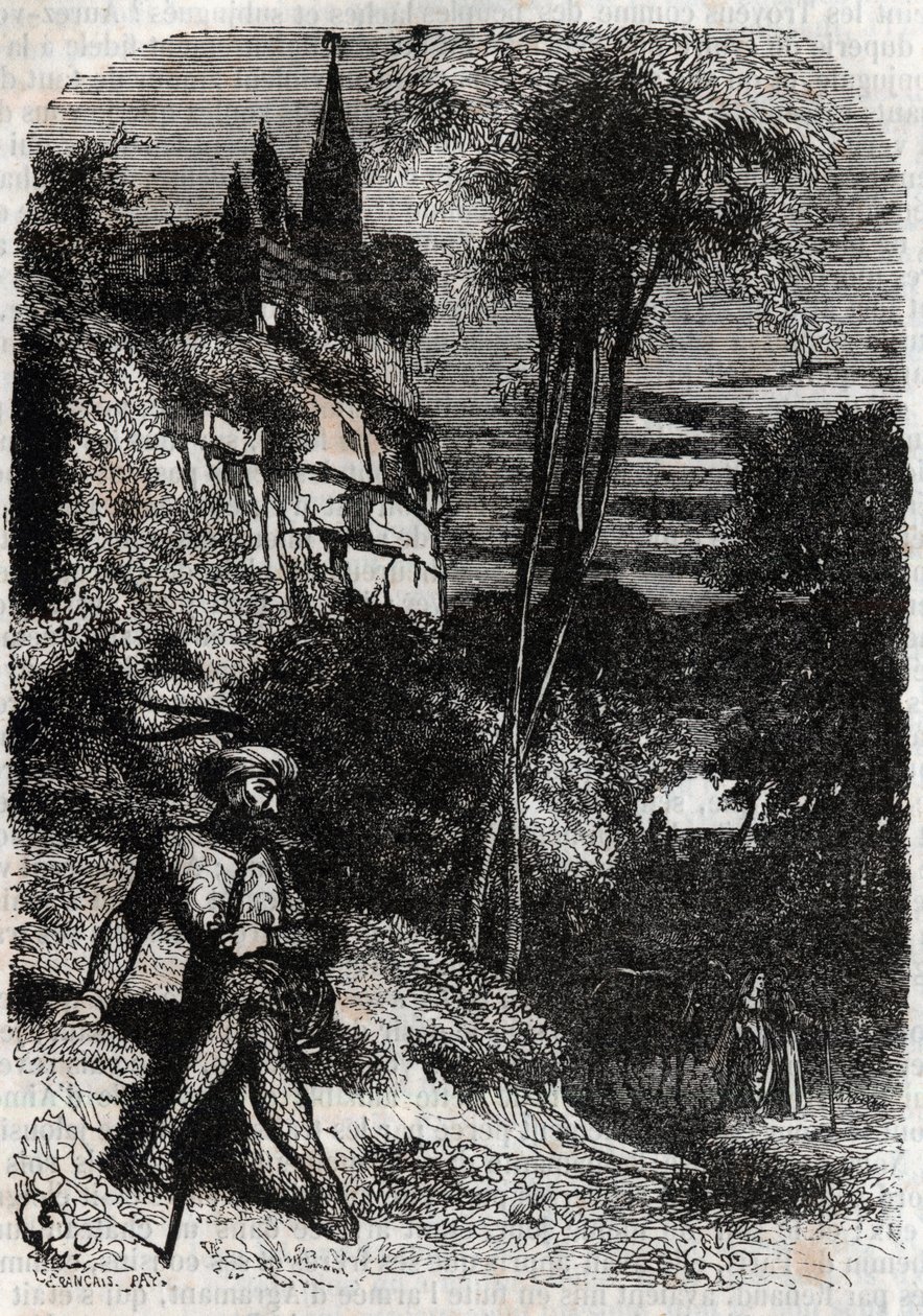 Rodomont, Isabella och den gamle eremiten - 1851 gravyr från "" Furious Roland"" (Orlando furioso) (1500-talet) av Ludovico Ariosto, känd som Ariosto - Edition översatt från italienska av greven av Tressan och publicerad av Gustave Harvard 1851 av Unknown artist