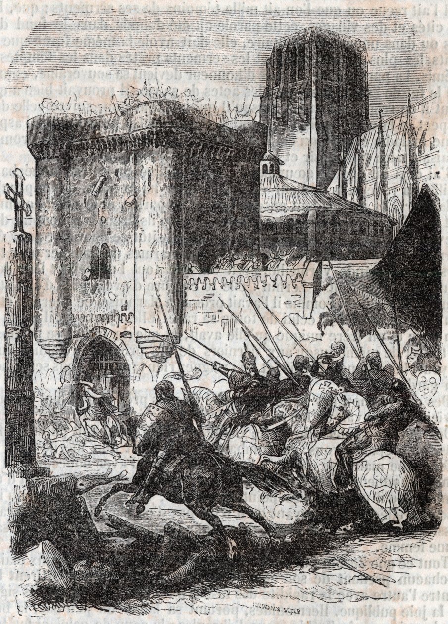 Rodomont slår sönder dörrarna till Palais i Paris - gravyr från 1851 från "" Roland furieux"" (Orlando furioso) (1500-talet) av Ludovico Ariosto, känd som Arioste - Upplaga översatt från italienska av greven av Tressan och utgiven av Gustave Harv av Unknown artist