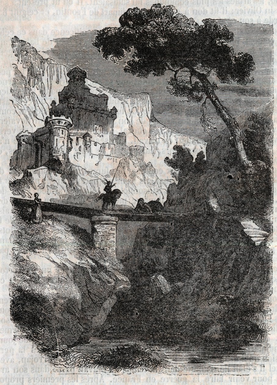 Rodomont besegrad av Bradamante - gravyr från 1851 från "" Furious Roland"" (Orlando furioso) (1500-talet) av Ludovico Ariosto, känd som Ariosto - Edition översatt från italienska av greven av Tressan och publicerad av Gustave Harvard 1851 av Unknown artist