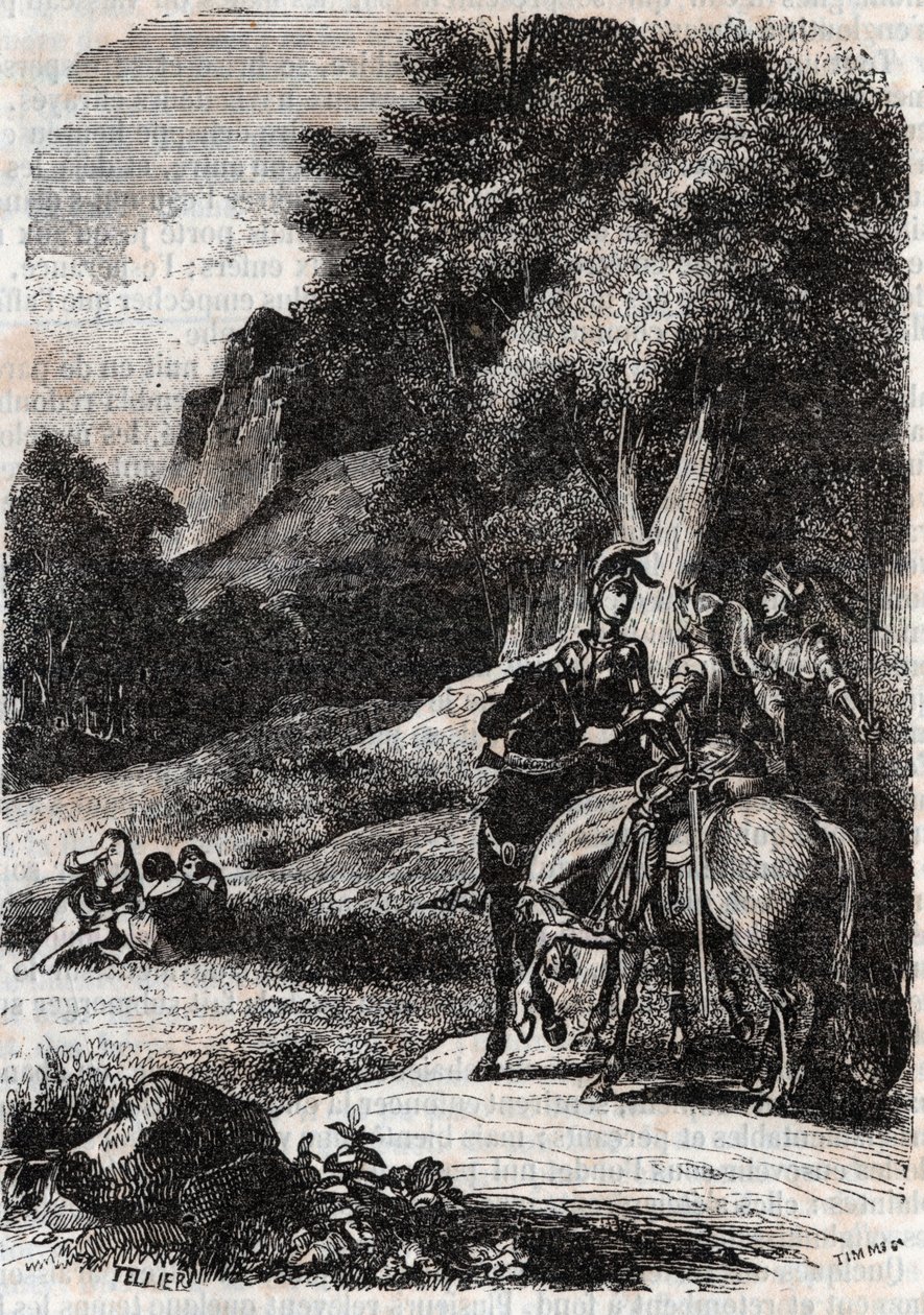 Roger (Ruggero, Ruggiero), Marphise (Marfisa) och de tre kvinnorna - gravyr från 1851 från "" Roland furieux"" (Orlando furioso) (1500-talet) av Ludovico Ariosto, kallad Ariosto - Upplaga översatt från italienska av greven av Tressan och publicerad av av Unknown artist