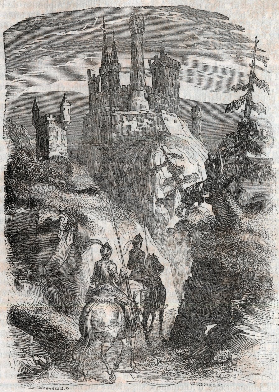 Roger (Ruggero, Ruggiero) och Richardet ser slottet Aigremont - gravyr från 1851 från "" Roland furieux"" (1500-talet) av Ludovico Ariosto, känd som Ariosta - Edition översatt från italienska av greven av Tressan och publ. av Unknown artist