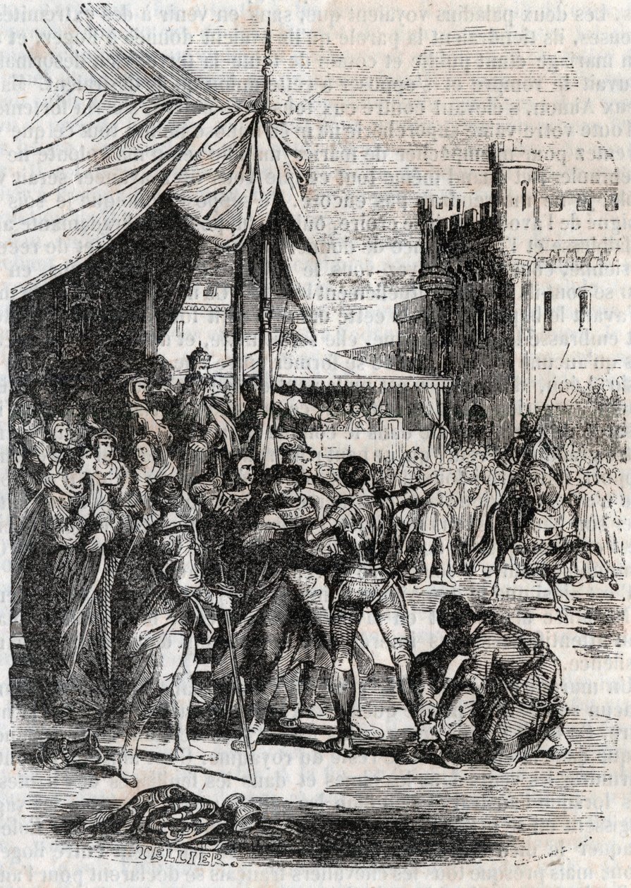 Roger (Ruggero, Ruggiero) trotsar i strid av Rodomont (Rodomonte) - gravyr från 1851 från "" Furious Roland"" (Orlando furioso) (1500-talet) av Ludovico Ariosto, känd som Ariosta - Upplaga översatt från italienska av greven av Tressan och publicera av Unknown artist