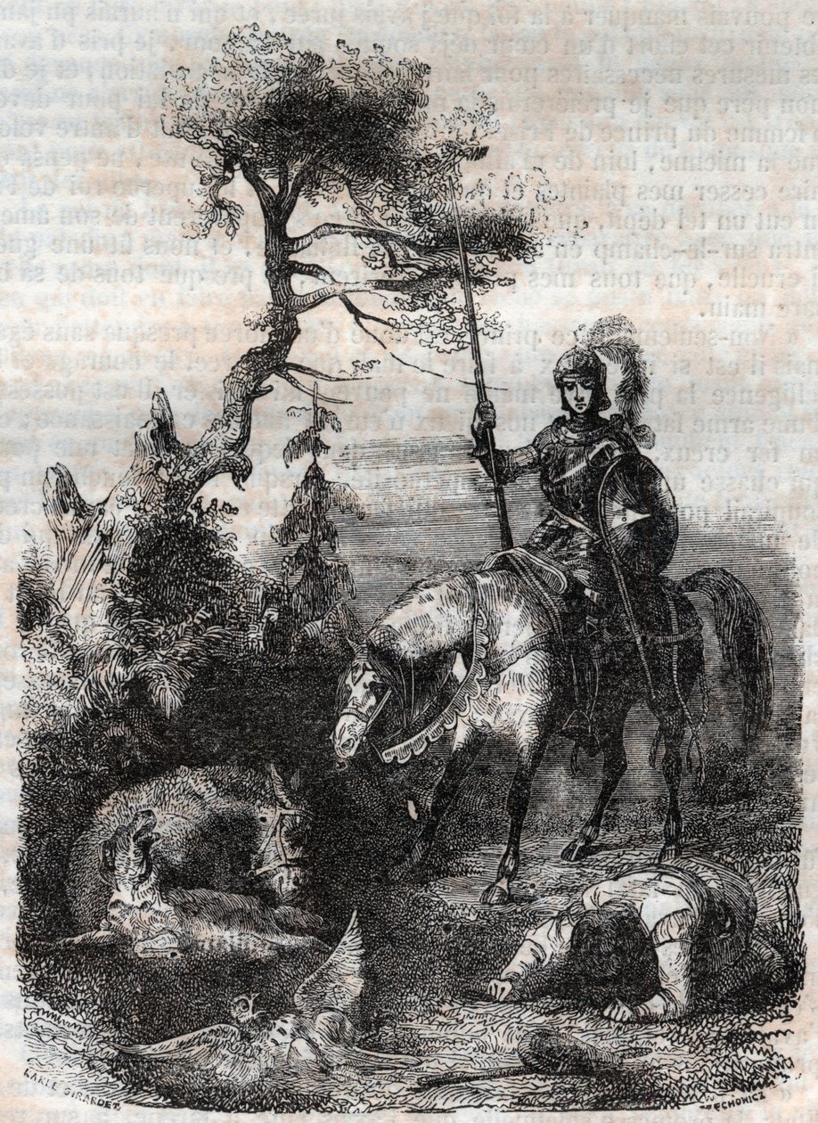 Roger (Ruggero, Ruggiero) använder sig av den förtrollande skölden - gravyr från 1851 från "" Furious Roland"" (Orlando furioso) (1500-talet) av Ludovico Ariosto, känd som Ariosta - Edition översatt från italienska av greven av Tressan och publicerad av av Unknown artist