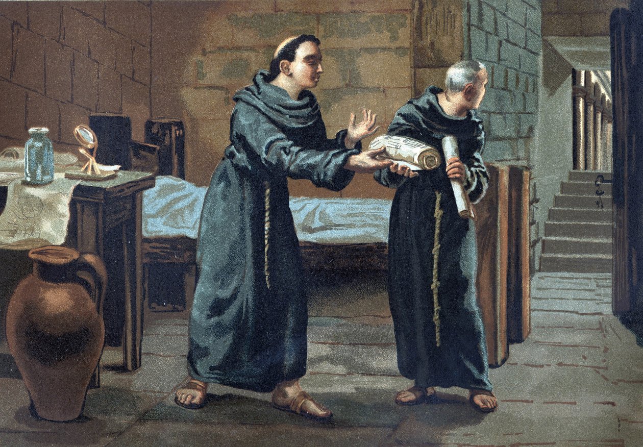 Roger Bacon, franciskanermunk, teolog, filosof och engelsk forskare (1214-1294) skickade boken "Opus Majus" (1267-1268) till påven - i "Science and its Men" av Louis Figuier. Barcelona 1881 av Unknown artist