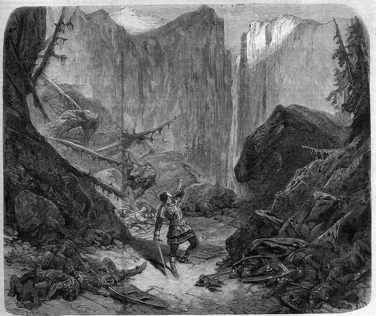 Roland blåser i sitt horn i slaget vid Roncesvaux den 15 augusti 778. Teckning av Alphonse de Neuville (1836-1885) för operan "Roland a Roncesvaux" (akt IV, scen 1) av Auguste Mermet (1810-1889). Paris, Theatre imperial de l