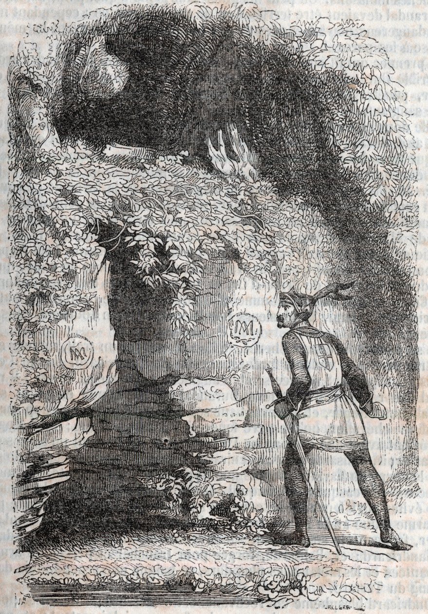 Roland hittar figurerna av Medor (Medoro) och Angelique (Angelica) - gravyr från 1851 från "" Furious Roland"" (Orlando furioso) (1500-talet) av Ludovico Ariosto, känd som Ariosta - Upplaga översatt från italienska av greven av Tressan och publicerar av Unknown artist