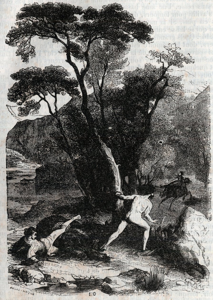 Roland förföljer Angelique (Angelica) - gravyr från 1851 från "" Furious Roland"" (Orlando furioso) (1500-talet) av Ludovico Ariosto, känd som Ariosto - Edition översatt från italienska av greven av Tressan och publicerad av Gustave Harvard 1851 av Unknown artist