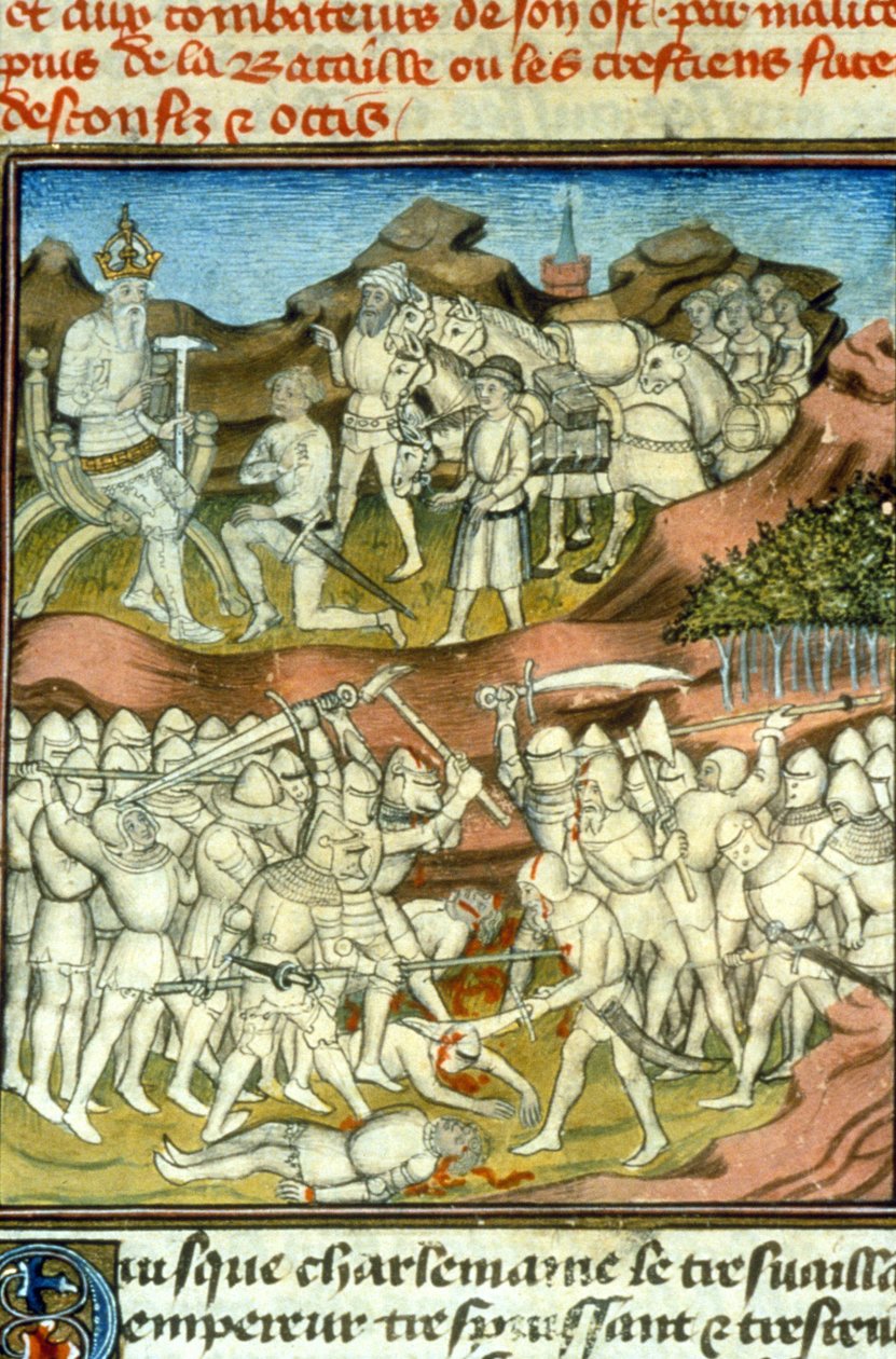 Rolands död. Karl den Store skickar sina riddare till strid; riddaren Roland dödas i slaget vid Roncesvaux (778) - Miniatyr av medeltiden (ref. 512 av Unknown artist