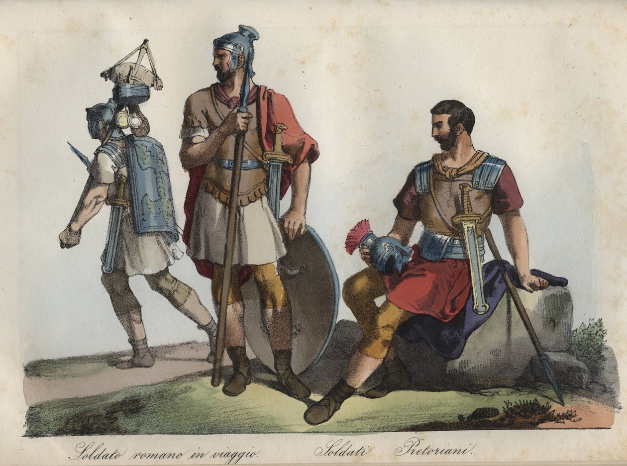 Romerska soldater och Praetorian Guard - gravyr från "" Seder och traditioner för alla folk i universum. Det vill säga historien om regeringen, om lagarna, om milisen, om religionen för alla nationer från de mest avlägsna tiderna till våra dagar "1856 av Unknown artist