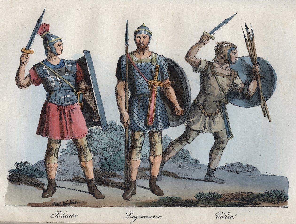 Romersk soldat - Legionär - Veliter (lätt infanteri) - gravyr från "" Seder och traditioner för alla folk i universum. Det är historien om regeringen, om lagarna, om milisen, om religionen för alla nationer från de mest avlägsna tiderna till våra dagar" av Unknown artist