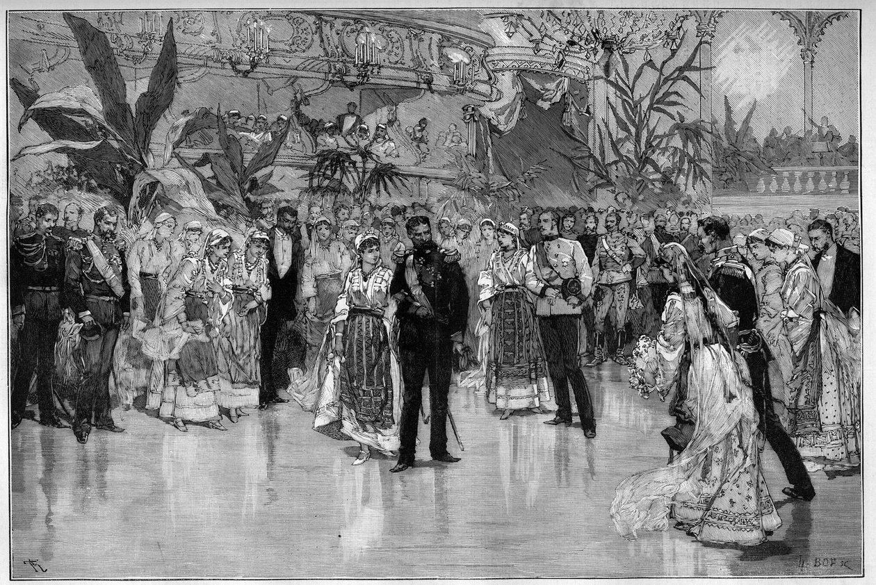 Rumänien: Bal ges för att hedra prins Rodolph (1858-1889) och prinsessan Stephanie av Österrike, Ungern (1864-1945) på Nationalteatern i Bukarest. Gravyr i "" Le Monde Illustré"" av Unknown artist