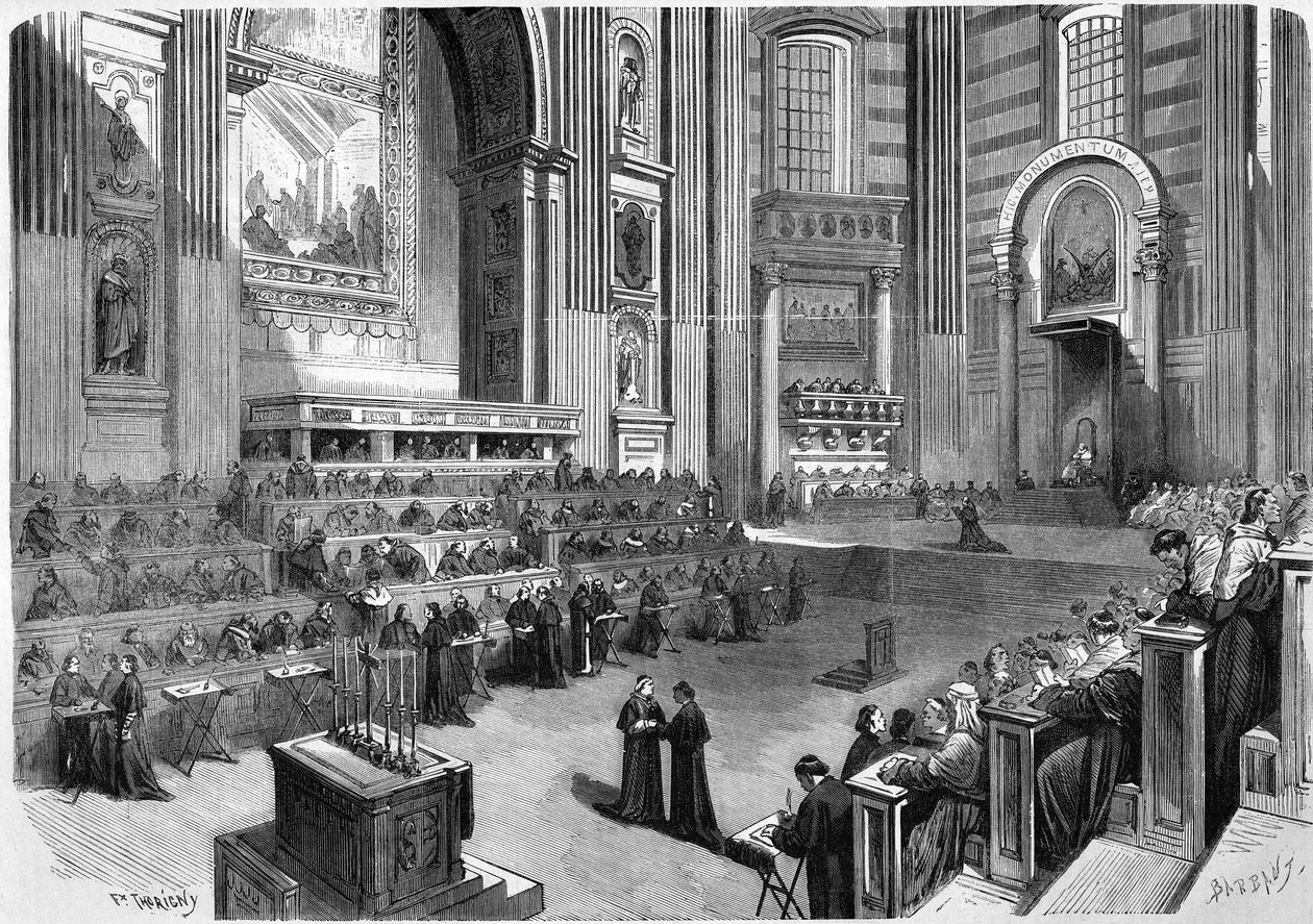 Rom 1869, första mötet i det ekumeniska rådet 1869 som hölls den 9 december i den högra delen av tvärskeppet i St. Peterskyrkan. av Unknown artist