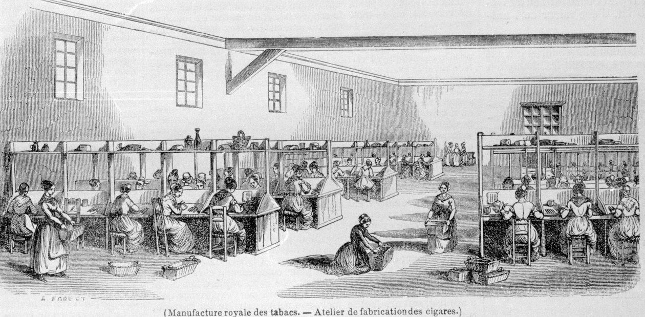 Royal Tobacco Manufacture: verkstad för tillverkning av cigarrer. 1800-talsgravyr. av Unknown artist