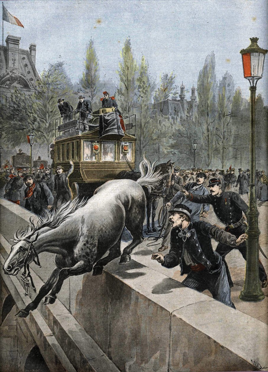 Kungliga bron i Paris 1898: en häst begick självmord (tryck) av Unknown Artist