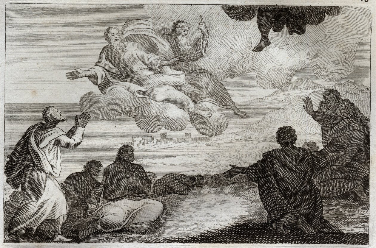 Royaumont Bibeln, Nya testamentet: Jesu Kristi himmelsfärd. Kristus tas från himlen och välsignade Apoters innan han försvann i ett moln. Illustration från 1811. av Unknown artist