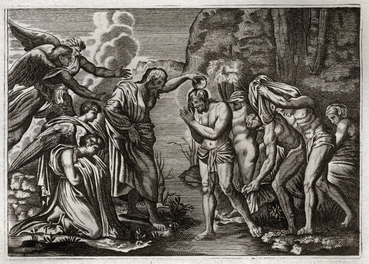 Royaumont Bibeln, Nya testamentet: Jesu Kristi dop. Johannes döparen döper Jesus Kristus i Jordanflodens vatten. Illustration från 1811. av Unknown artist