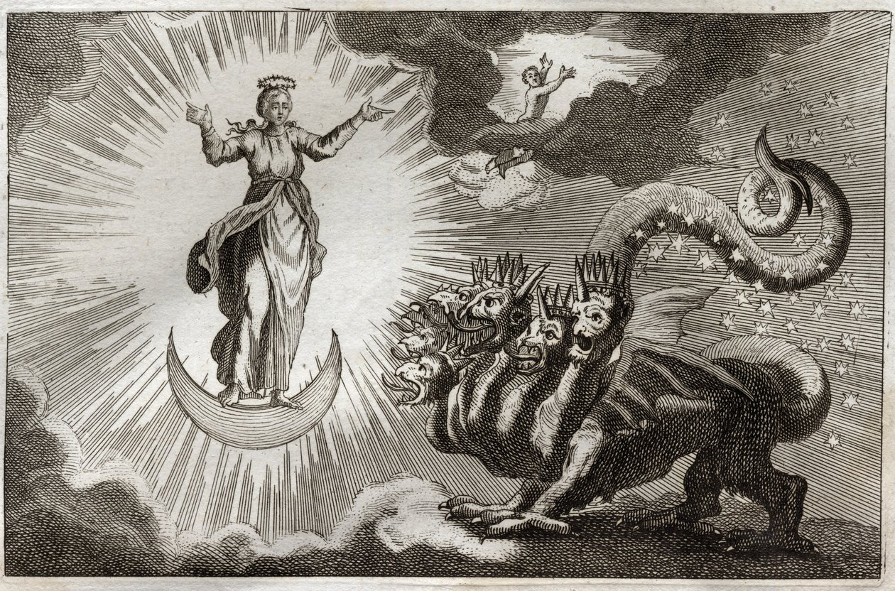 Royaumont Bibeln, Nya testamentet: Bete of Revelation. Sankt Johannes ser ett monstruöst odjur med sju huvuden och tio horn och en gravid kvinna omgiven av ljus, under vars fötter är månen och på hennes huvud en krona av tolv stjärnor. Illustration från 18 av Unknown artist