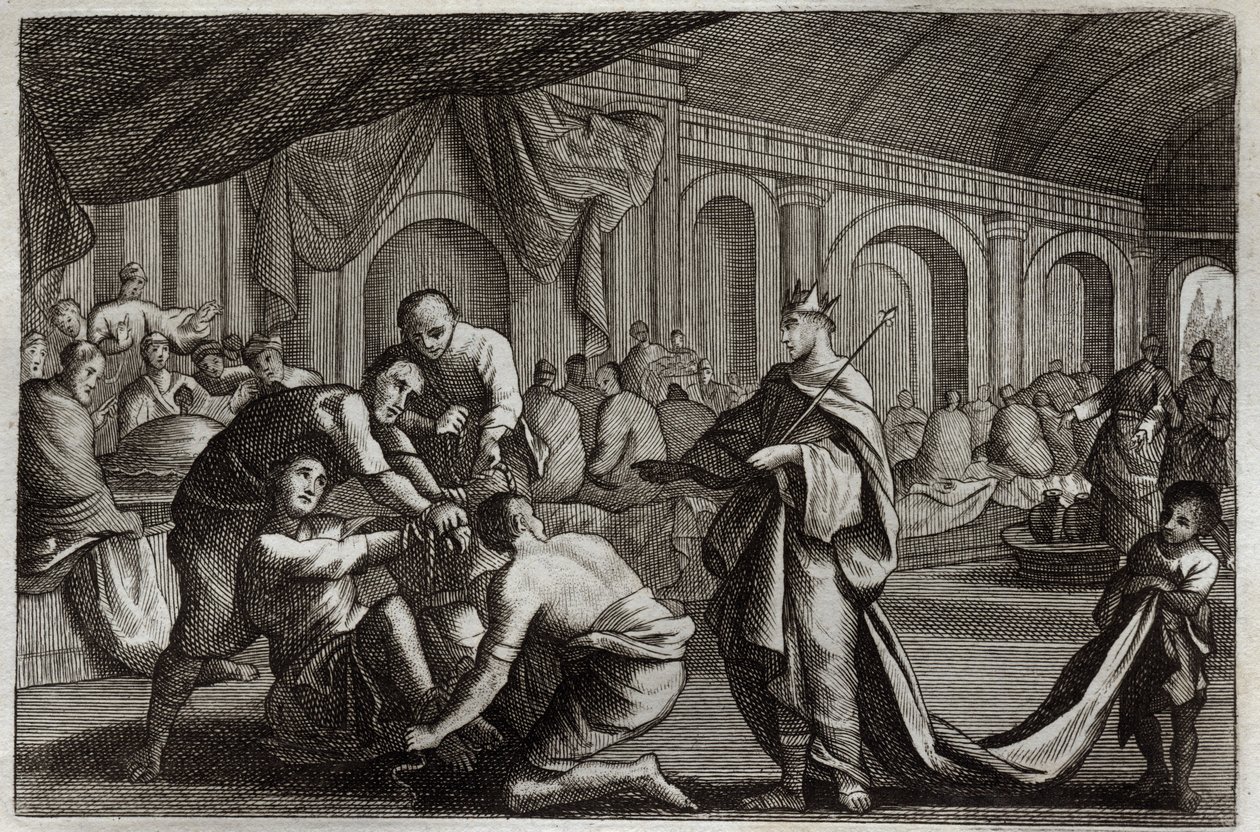 Royaumont Bibeln, Nya testamentet: Brudklänning. Liknelse om en kung som gjorde sin sons bröllop, från vilken han förkastade en man som inte hade brudklänningen. Illustration från 1811. av Unknown artist