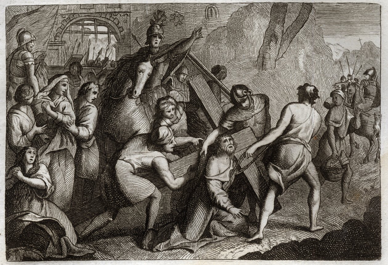 Royaumont Bibeln, Nya testamentet: Att bära korset (korsets väg). Jesus Kristus bär sitt kors till berget Golgata med hjälp av Simon från Cyrene (kyrenéen). Illustration från 1811. av Unknown artist
