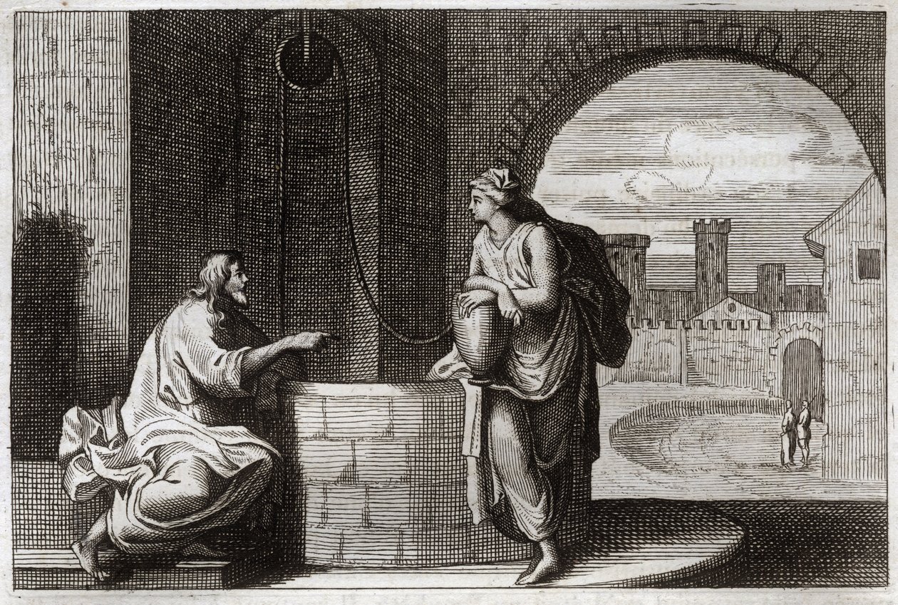 Royaumont Bibeln, Nya testamentet: Kristus och samariten vid brunnen. Jesus Kristus omvänder en samaritansk kvinna. Illustration från 1811. av Unknown artist