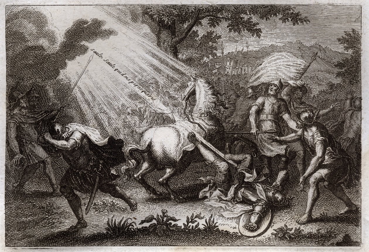 Royaumont Bibeln, Nya testamentet: St. Paulus omvändelse på väg till Damaskus. Han hör Jesu Kristi röst som säger till honom "" Willow, Willow, who förföljer mig"" (Saul, Saul, varför förföljer du mig?) och en häst faller. Illustration från 1811. av Unknown artist