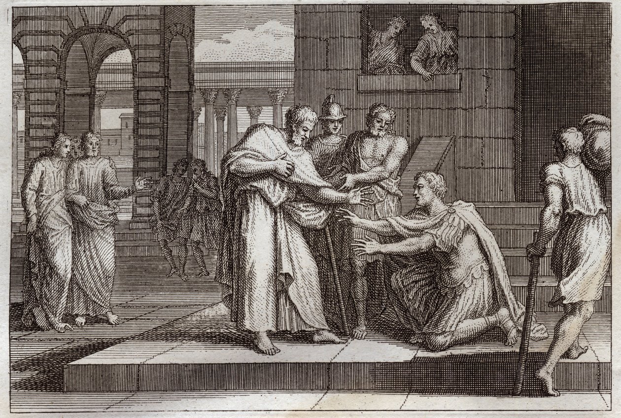 Royaumont Bibeln, Nya testamentet: Cornelius döper. Crow the centurion tar emot tron på Jesus Kristus och döps av St. Peter. Illustration från 1811. av Unknown artist