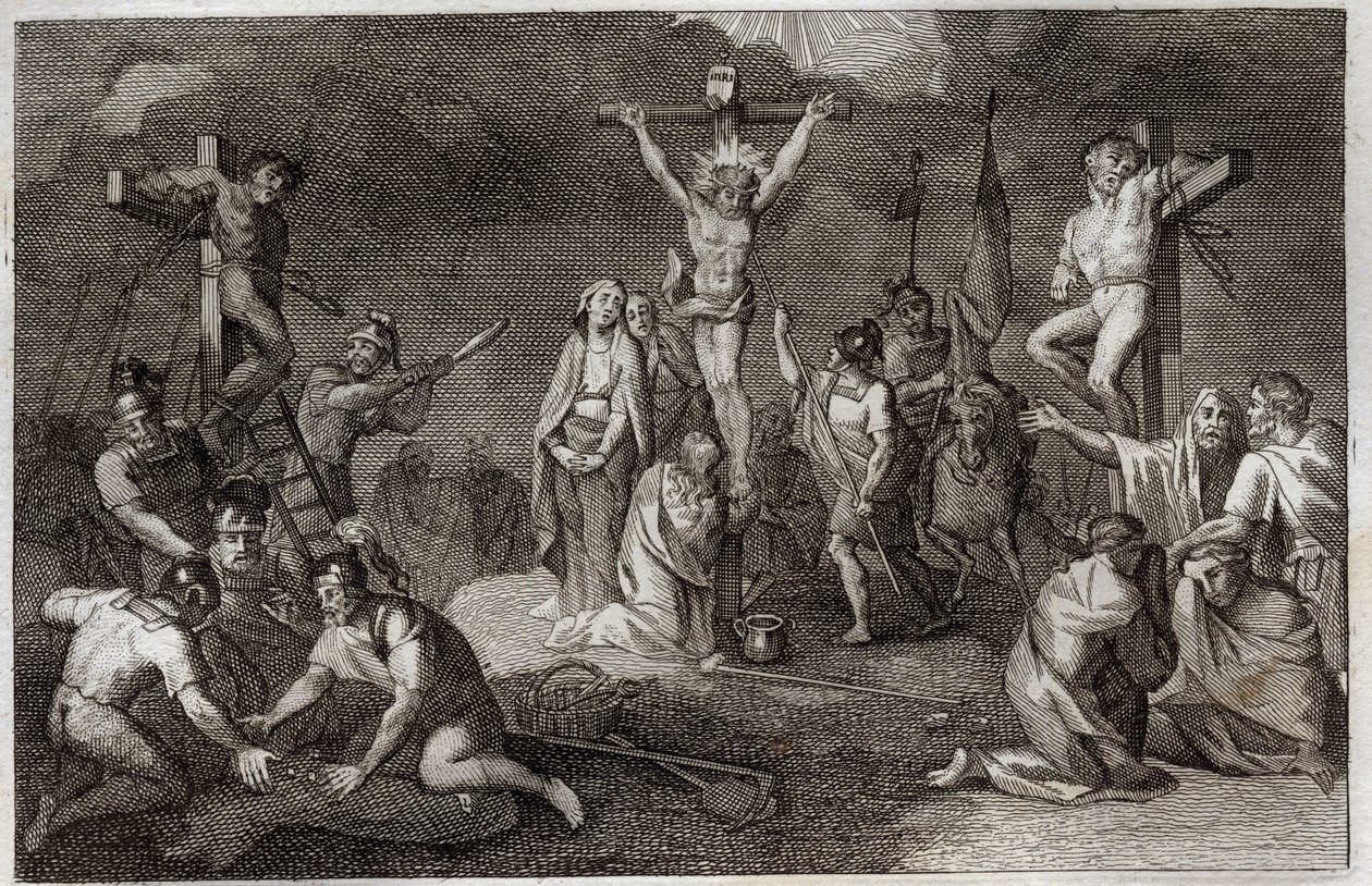 Royaumont Bibeln, Nya testamentet: Jesu Kristi korsfästelse. Jungfru Maria, Sankta Maria Magdalena och Sankt Johannes vid foten av korset, Sankt Longin centurion (Saint Longinus) med sitt spjut, soldater som spelar Kristi tunika. På sidorna, repr av Unknown artist