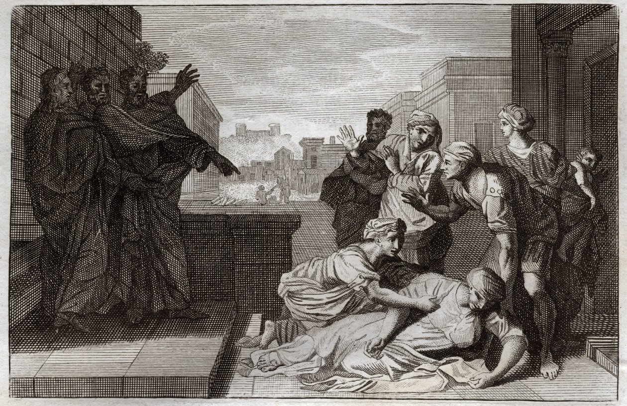 Royaumont Bibeln, Nya testamentet: Ananias och hans hustru Safirs död före St. Peter och St. John. Illustration från 1811. av Unknown artist