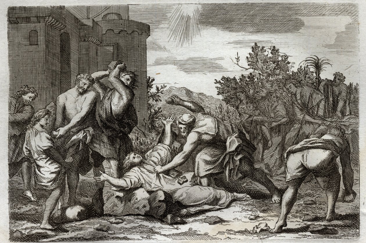 Royaumont Bibeln, Nya testamentet: St Stephens, första kristna martyrs död, genom stening. Illustration från 1811. av Unknown artist